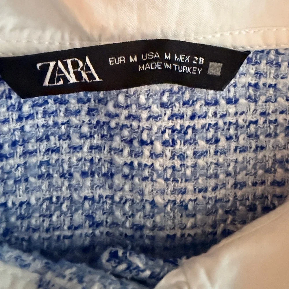 Zara Tweed Top Womens M Blue White Peter Pan Collar Puff Sleeve Fringe Preppy